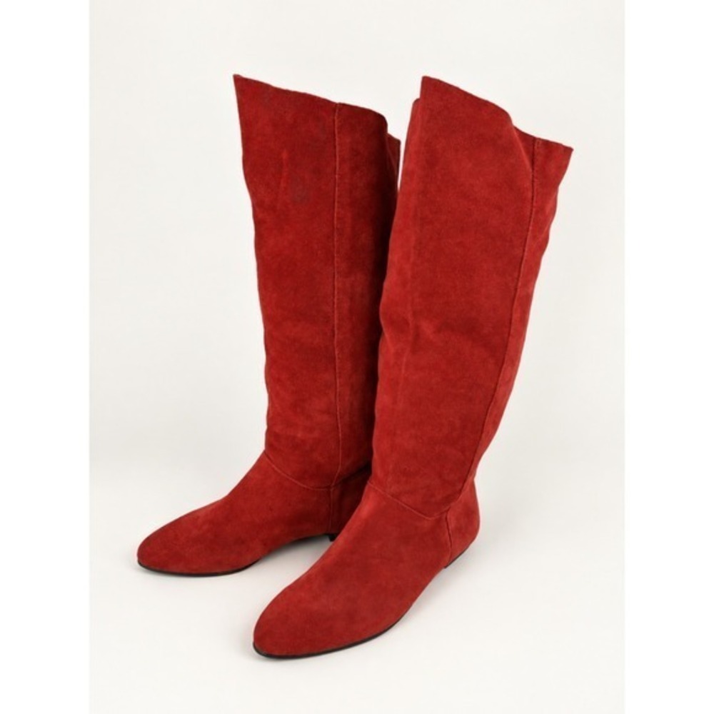 Vintage 90s Suede Knee High Bandit Flat Boots Size 6 Slouchy Red Pull On Retro